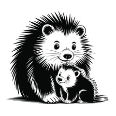 Obraz premium Fluffy porcupine mother and baby leaning together black and white vector