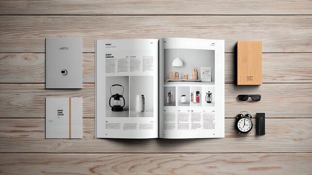 Open Magazine with Accessories on Wood Surface
