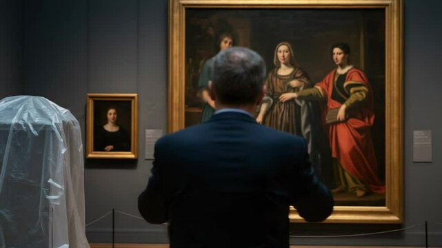 A man in a suit and white gloves stands in an art gallery, looking at a large classical painting. Professional art curator or handler at work in a museum.