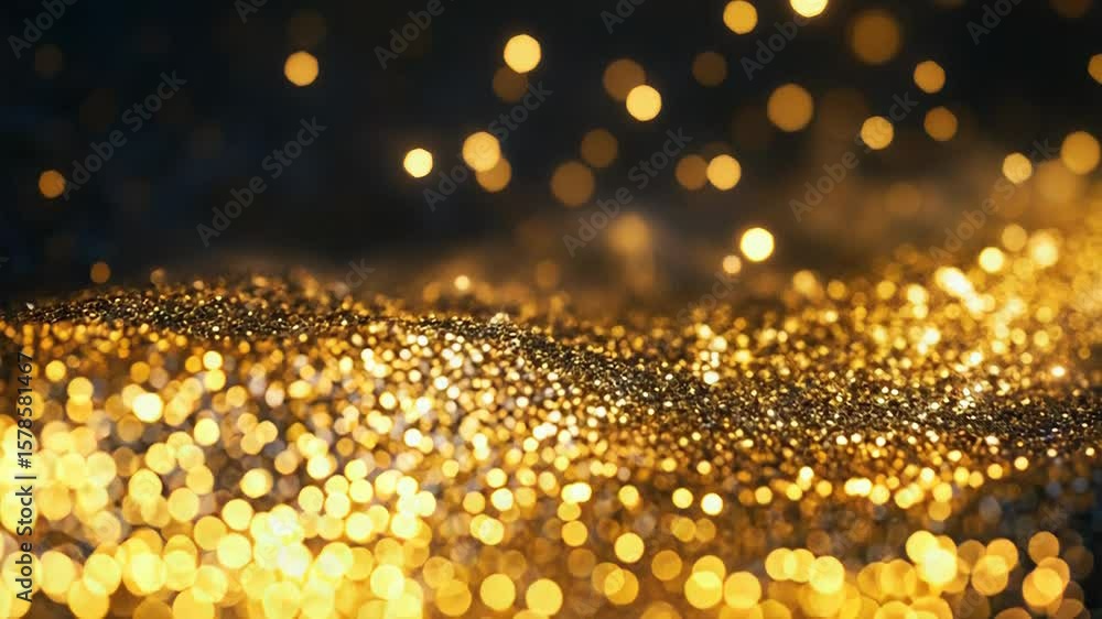 Poster golden glitter raining down on sparkling surface with bokeh effect