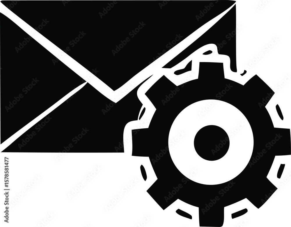 Poster abstract black and white graphic symbol combining a closed envelope with a stylized gear mechanism r