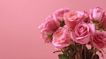 A bouquet of gentle pink roses isolated on rosy background. The festive concept for Weddings, Birthdays, March 8th, Mother's, or Valentine's Day. Greeting card, flat lay, mockup, template, no logos, 
