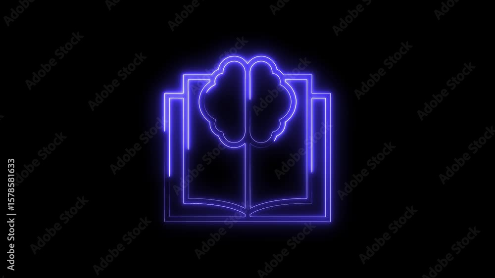 Poster animated neon open book with brain symbol on dark background representing knowledge