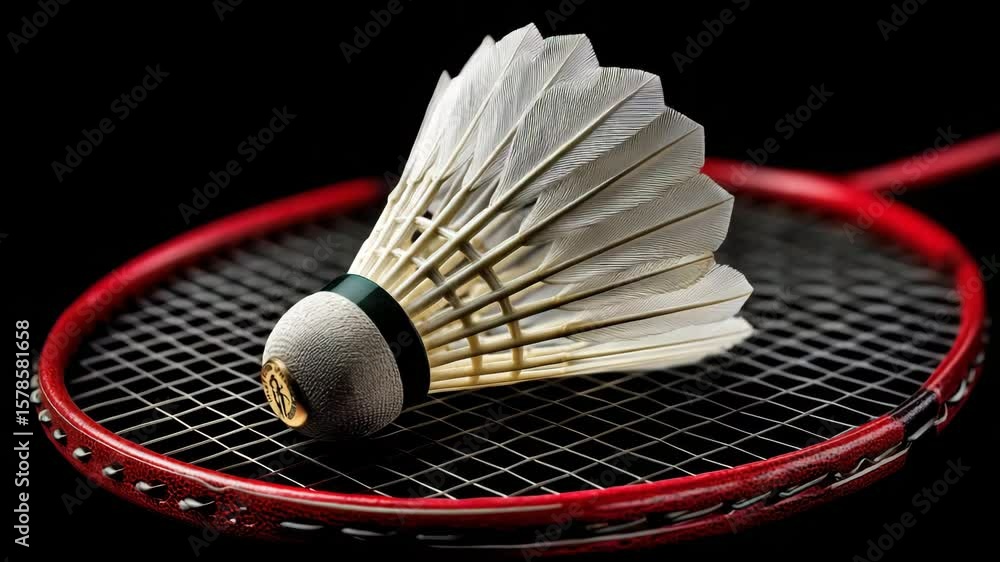 Poster badminton shuttlecock resting on a red racket against a dark background