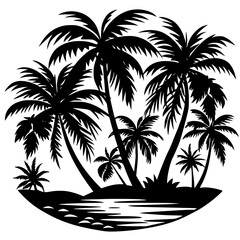 Silhouette of palm trees on a tropical island with water and a sandy beach view transparent background , no background