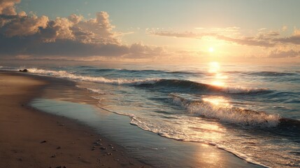 Sunset over a quiet beach with waves gently crashing on the shore.