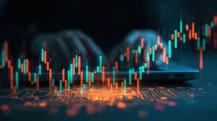 Algorithmic trading concept with virtual screen with growing stock market candlestick and circuit at laptop with hands background. Double exposure, no logos, no brands