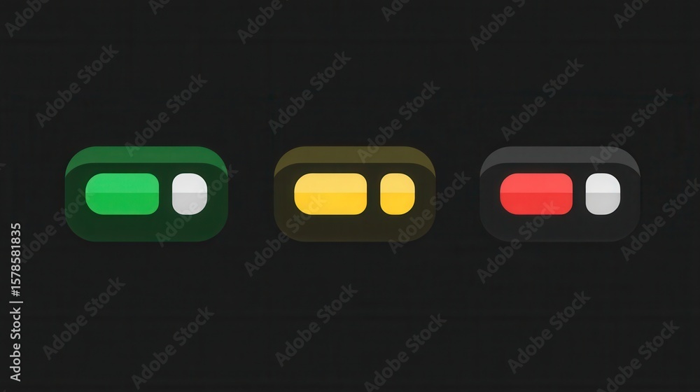 Fototapete On-Off Toggle: An illustrative close-up view of three modern toggle switch icons in different colors, signaling activation, deactivation, and selection for modern digital UI