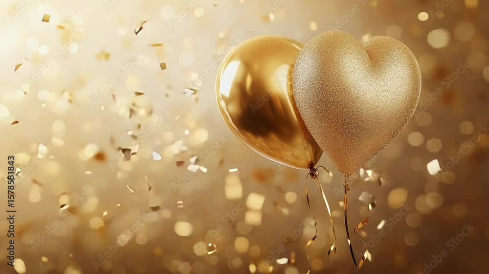 Poster golden balloons floating with falling confetti on a sparkling background