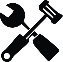 Iconic black silhouette of crossed wrench and hammer symbolizing repair construction and manual labor in a simple graphic design