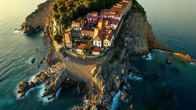 Aerial view of Moneglia showcasing the stunning coastal landscape and vibrant village life, Aerial view of the Moneglia, a tourist resort on the Riviera di Levante, Liguria, Italy