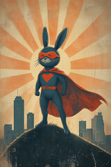 A whimsical illustration of a small but mighty superhero bunny standing proudly atop a hill. The rabbit wears a colorful cape and mask, with its chest puffed out in a confident pose. Behind it, a styl