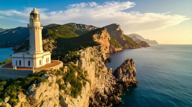 White lighthouse structure sits atop rugged rocky cliffside overlooking peaceful blue ocean during golden hour sunlight