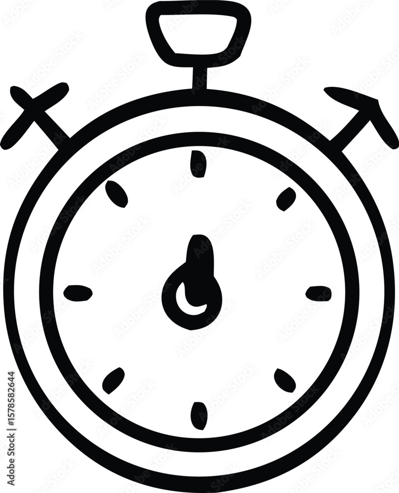 Poster simple black and white line drawing icon of a stopwatch with a circular dial and two push buttons in