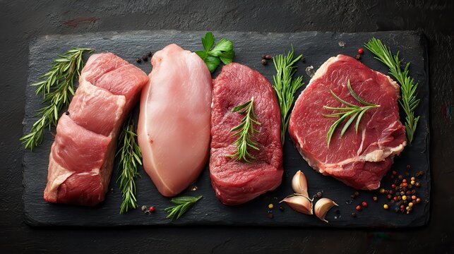 Different types of raw pork meat and beef with herb and spices. On the black chalkboard., no logos, no brands