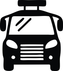 Stylized black silhouette icon of a bus front with a distinctive roof rack and clear windows
