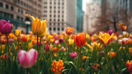 Beautiful Tulips of all types of colors in the city of Chicago, , no logos, no brands
