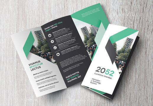 Corporate brochure design template &ndash; Professional modern tri-fold leaflet with geometric layout and business theme in green and black.
