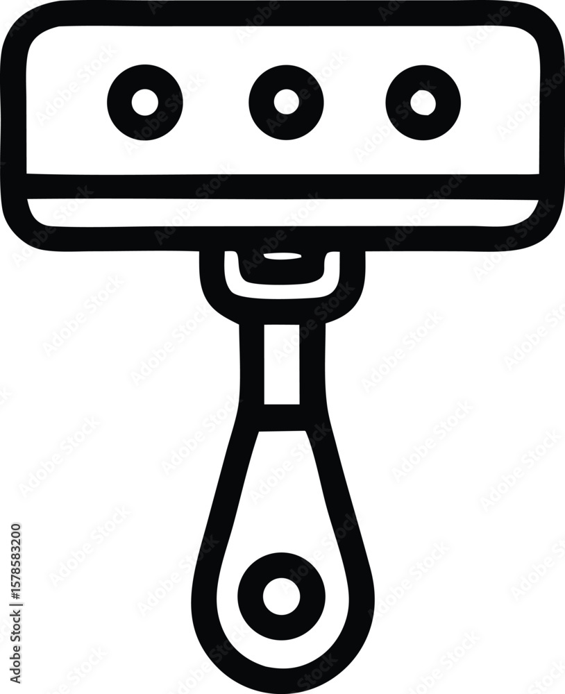 Poster stylized black line art icon of a roller tool with three circular openings on its surface and a roun
