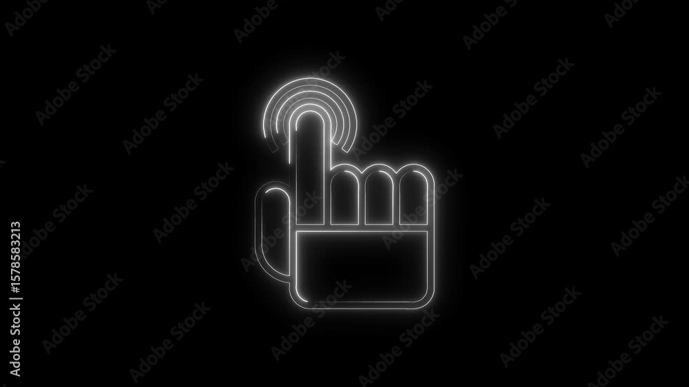 Poster neon hand cursor pressing touch screen button animation on black background