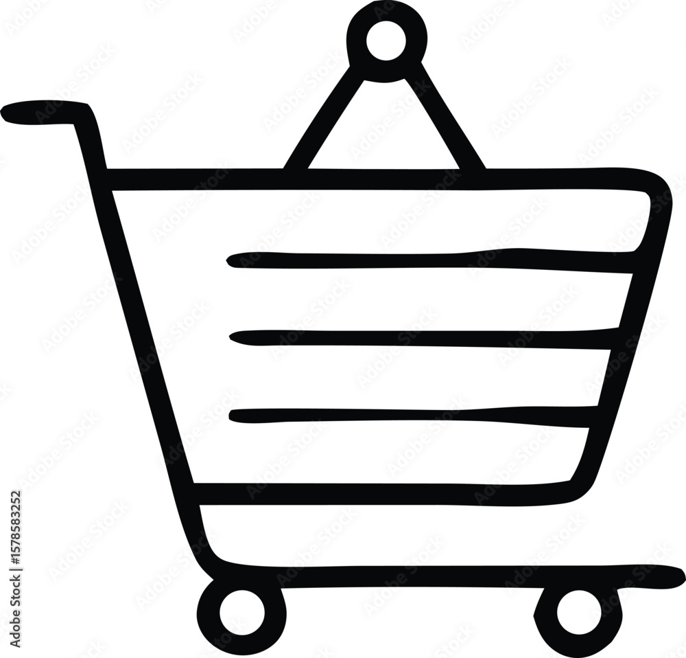 Poster a simple black and white hand drawn outline of a shopping cart with a rounded handle and wheels repr