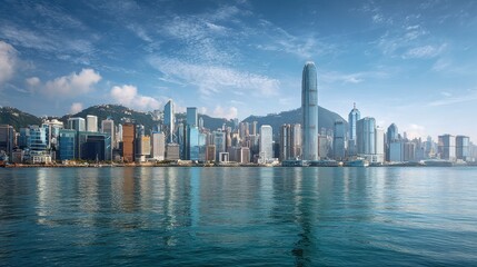 Fototapeta premium Hong Kong, China skyline panorama from across Victoria Harbor., no logos, no brands