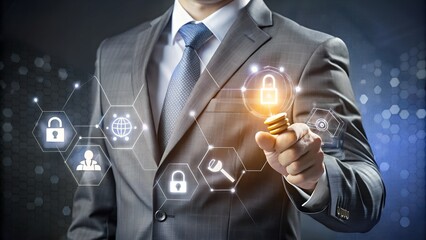 Businessman Securing Data with Innovative Technology and Cybersecurity Solutions for Business Growth
