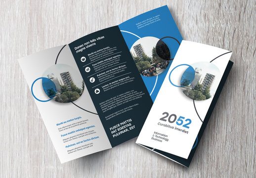 Corporate brochure design template &ndash; Professional modern tri-fold leaflet with geometric layout and business theme in Blue and White.