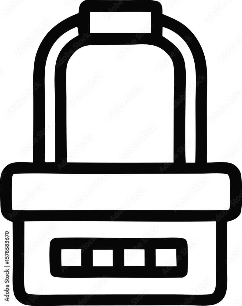 Poster stylized black and white illustration of a digital padlock with a numeric keypad and a carrying hand