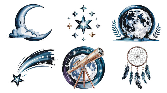 Watercolor collection of celestial objects and dreamcatcher isolated on a transparent background moon