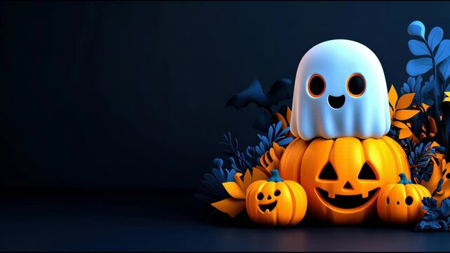 Happy ghost sitting carved pumpkin with blue and orange leaves and bat dark background for halloween celebration night and cute ghost pumpkin with