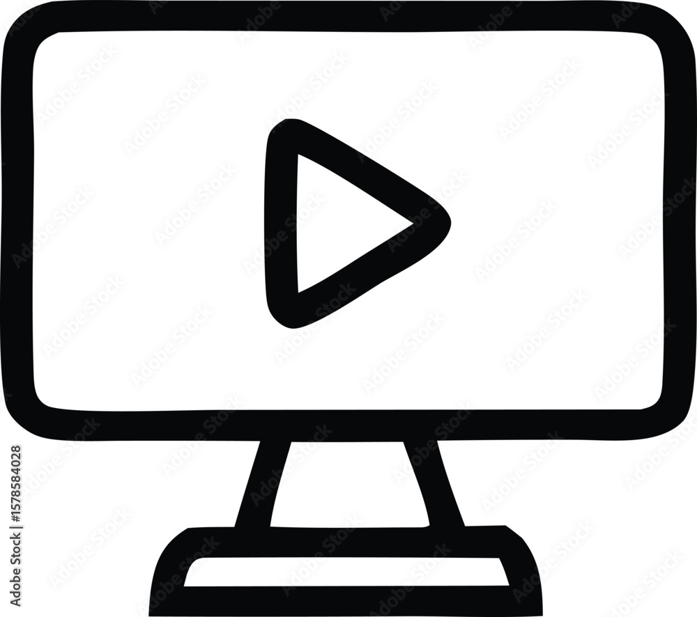 Fototapete Simple hand drawn black and white icon of a computer monitor displaying a play button symbol for video playback