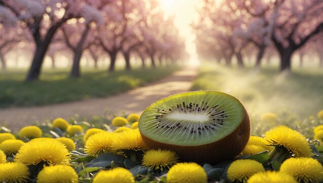 Kiwi Fruit Slice in a Dandelion Field with Blossoming Trees