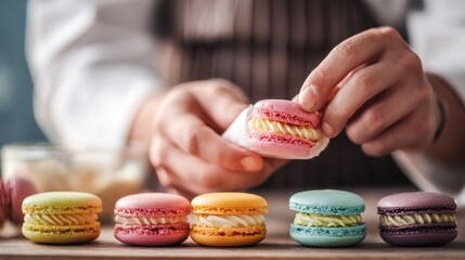 Fototapeta premium cooking, food and baking concept - chef with confectionery bag squeezing cream filling to macarons shells at pastry shop, no logos, no brands