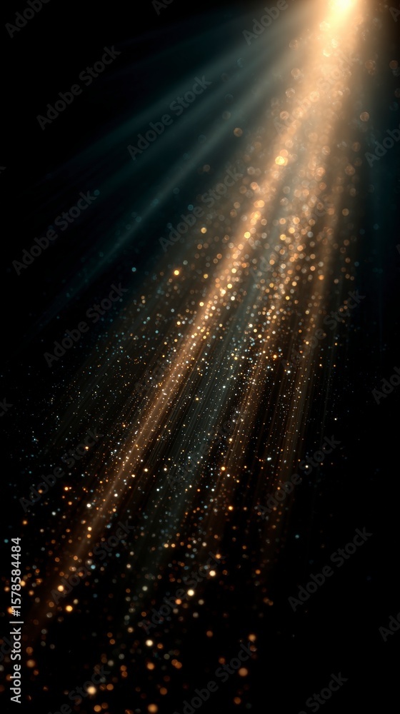 Poster golden light beams with shimmering particles on a dark background abstract bokeh effect