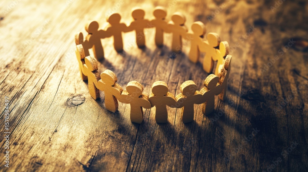 Poster circle of unity with wooden figures representing togetherness and community spirit on a rustic table