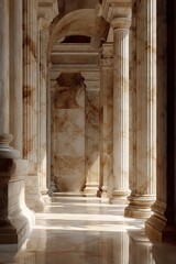A sunlit colonnaded hall of polished stone.