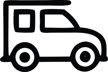 Simple black and white icon of a camper van or rv representing travel and outdoor adventures