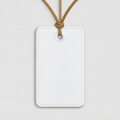Blank white rectangular tag with rounded corners suspended by a knotted string against a light gray background