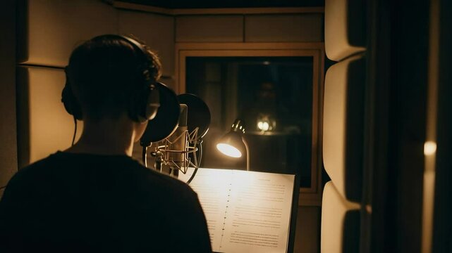 Rear view of a man with headphones recording in a soundproof vocal booth. Musician or voice actor working in a dark studio with a microphone and sheet music.