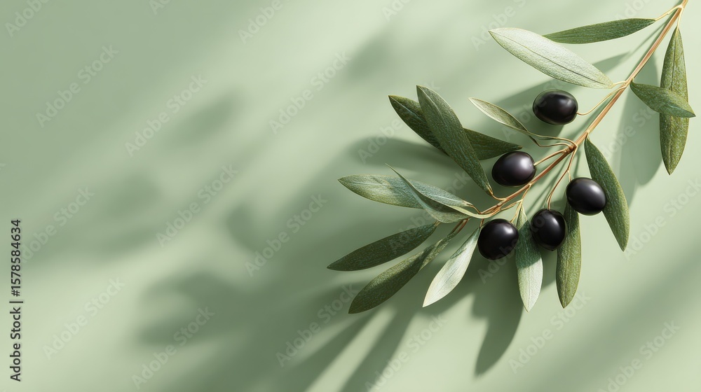 Poster elegant olive branch on sage green background with soft light and shadow