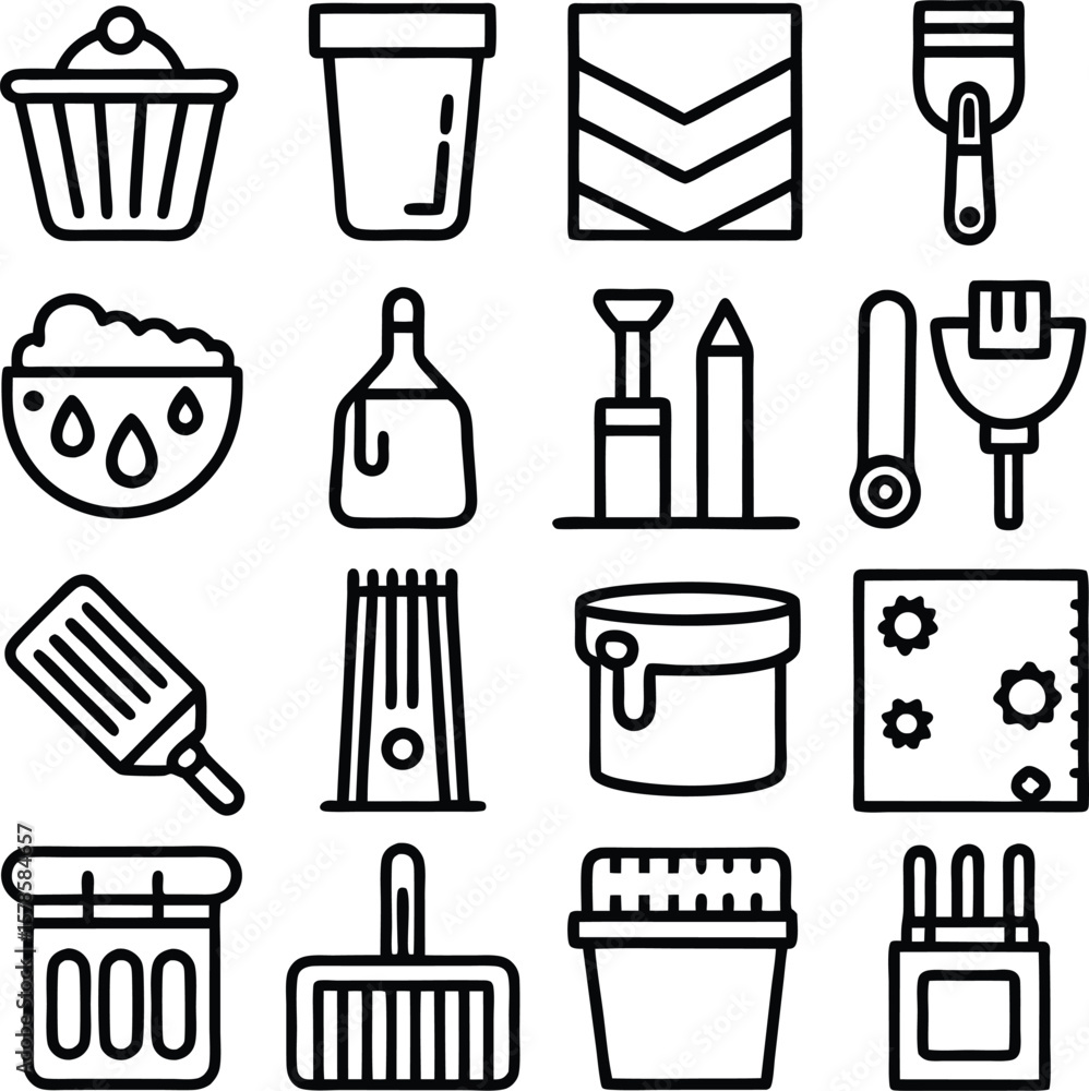 Poster Collection of stylized outline icons depicting various tools and objects related to crafting painting and measurement for creative projects