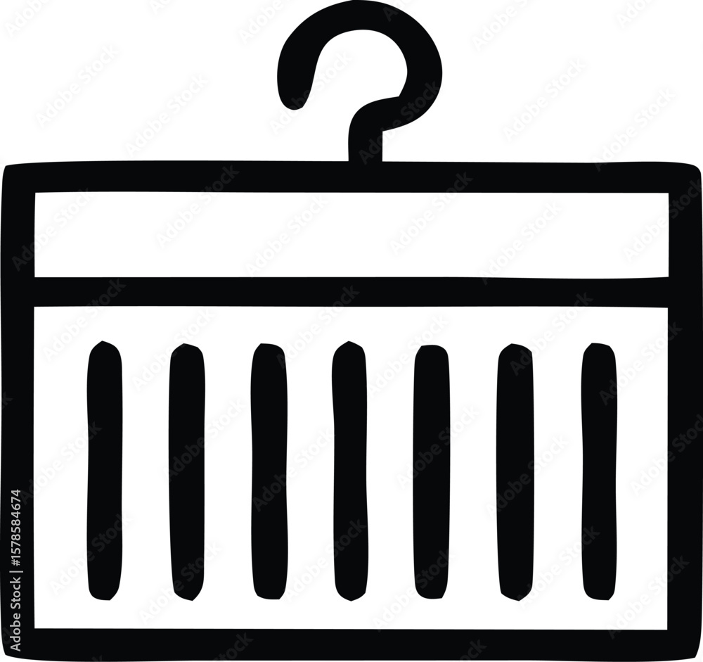 Poster simple black and white icon of a clothes hanger suspended above a rectangular container with vertica