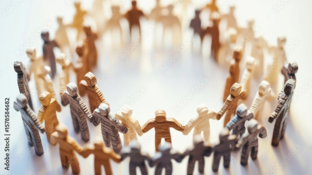 Poster circle of diversity and unity with collaborative human figures interlocking hands in a peaceful arra