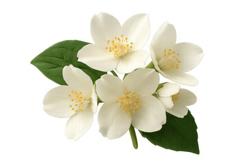 Delicate jasmine blossoms revealing soft white petals, pristine and fragrant against transparent backdrop