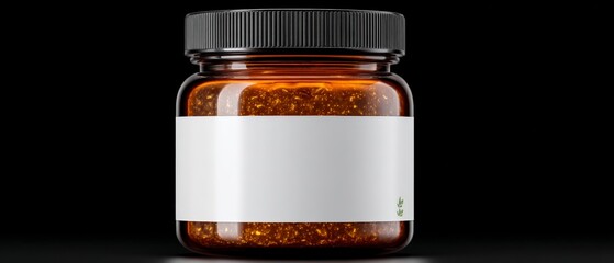 Amber glass jar with black lid white label and contents on black background