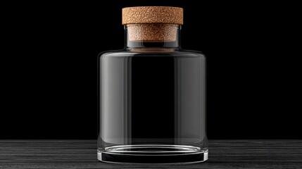 Clear glass cylindrical bottle with cork stopper on a dark wooden surface against a black background