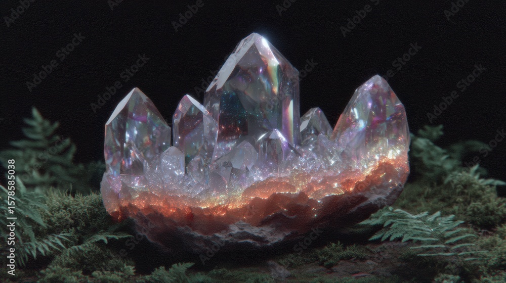 Poster iridescent crystal cluster with earthy base on moss and ferns with dark background