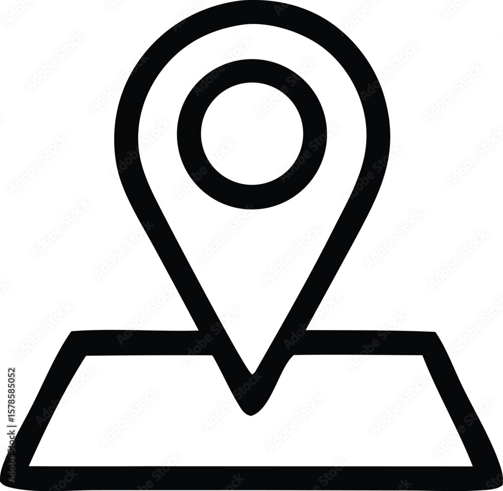 Poster simple black and white outline icon representing a map marker on a simplified map indicating a locat