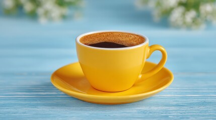 A bright yellow cup of coffee sits on a matching saucer against a soft blue wooden background with blurred white flowers
